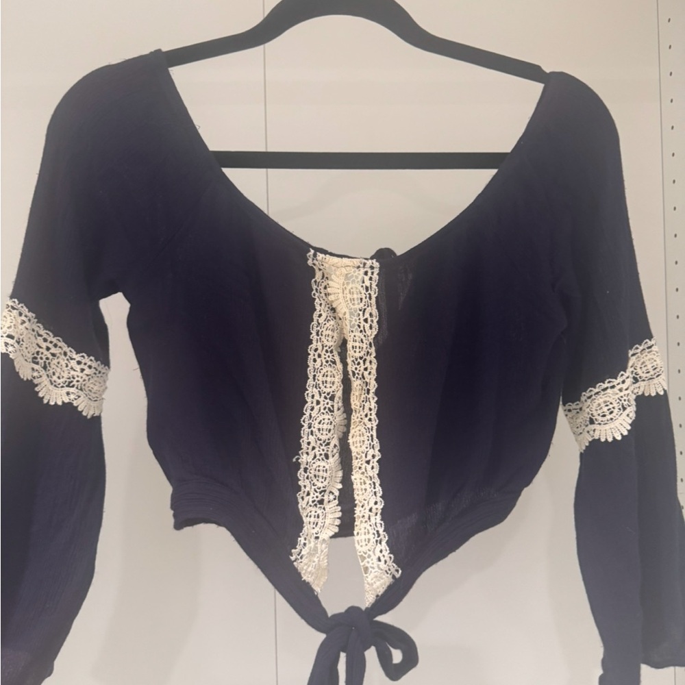 Elegant Navy Blue Lace Trim Women's Open Back Top